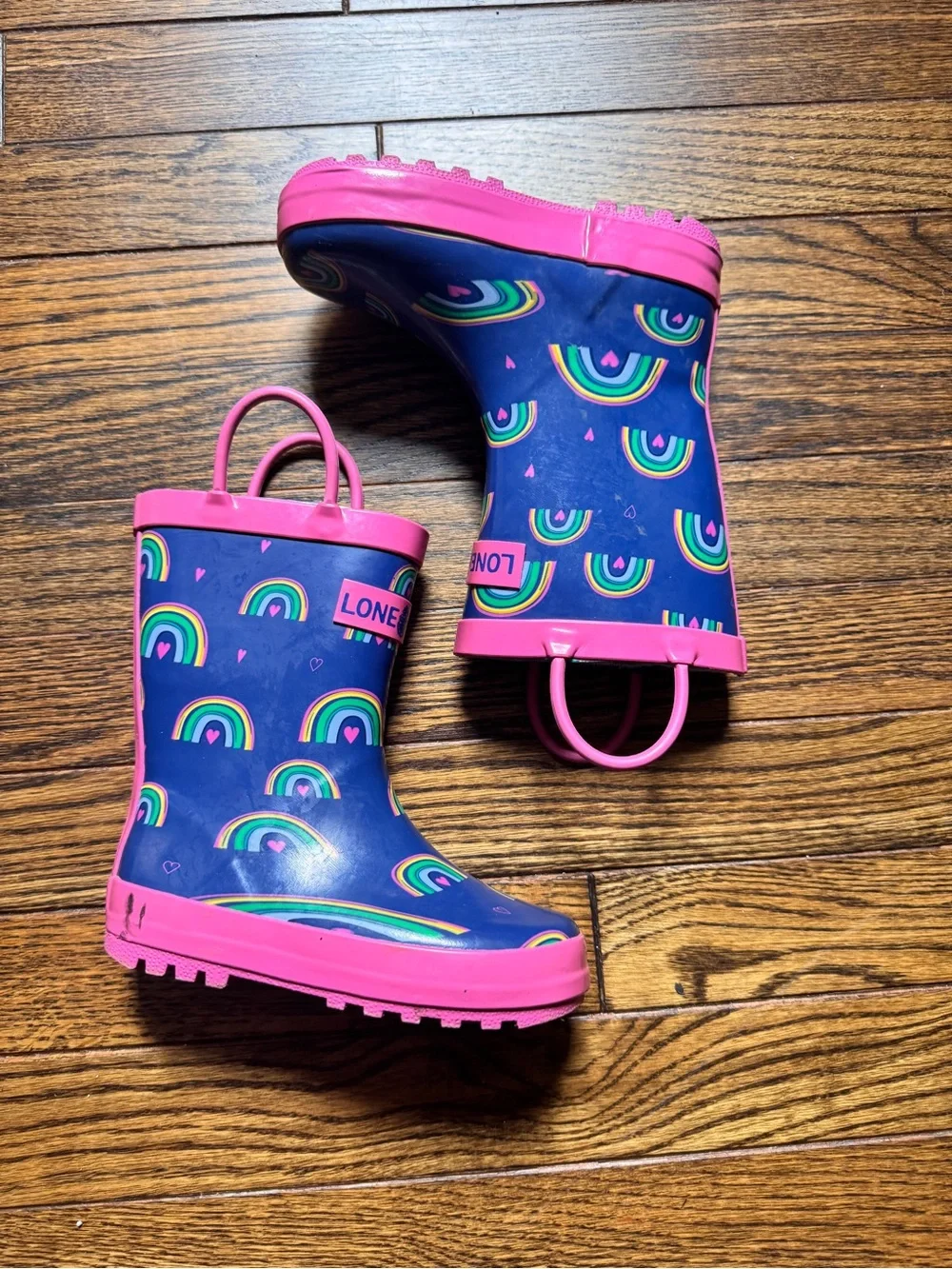 Kids Waterproof Rain Boots - Navy with Pink Trim and Rainbow Print